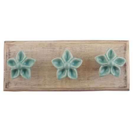 Sea Green Ceramic Flower Wooden Hooks
